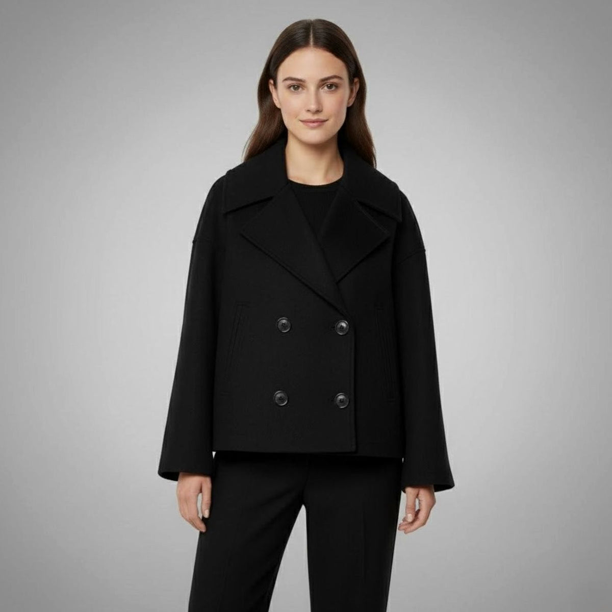 Women's Cropped Double-Breasted Blazer with Broad Lapels - Black