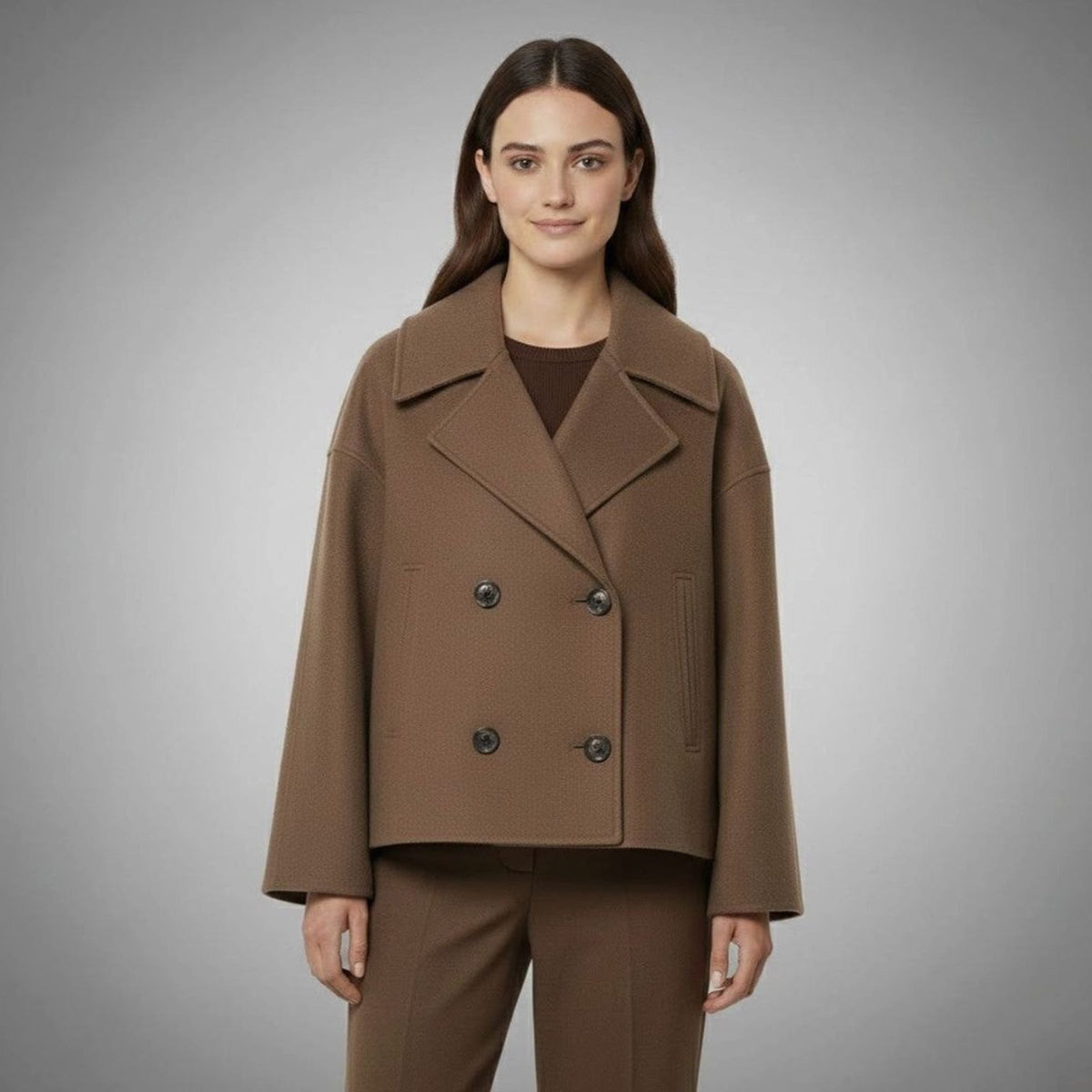 Women's Cropped Double-Breasted Blazer with Broad Lapels - Brown