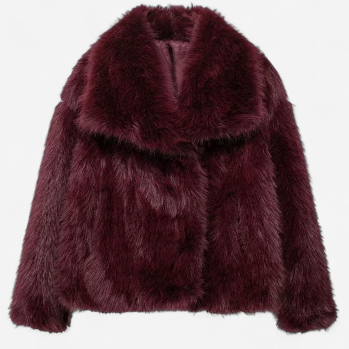 Women's Voluminous-Collar Faux Fur Jacket in a Cropped Cut - Burgundy