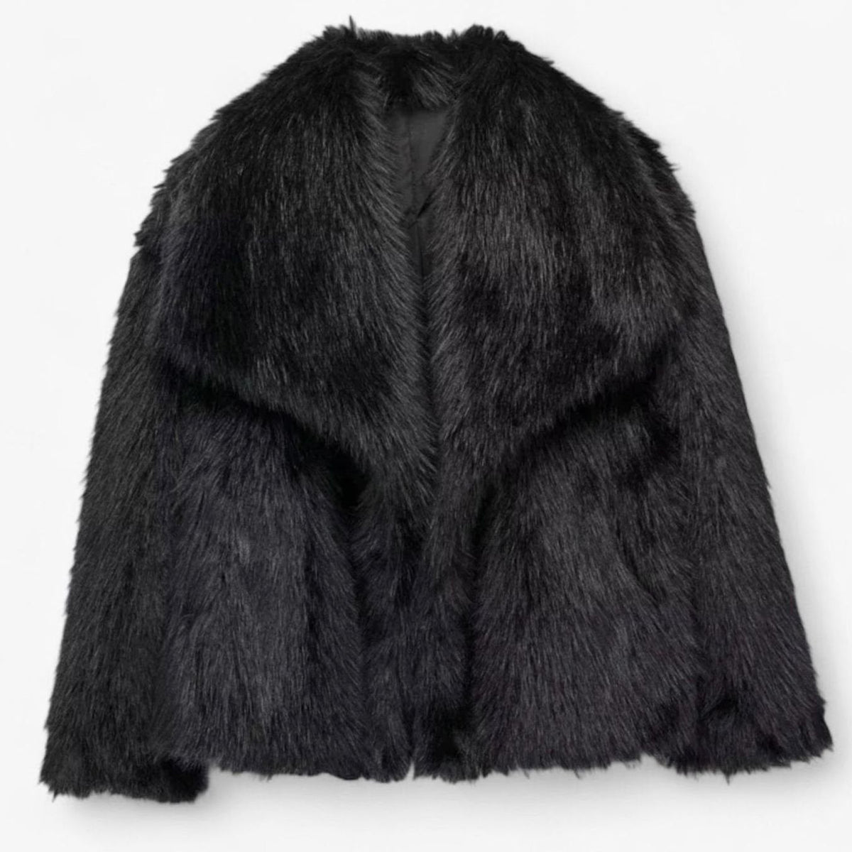 Women's Voluminous-Collar Faux Fur Jacket in a Cropped Cut - Black