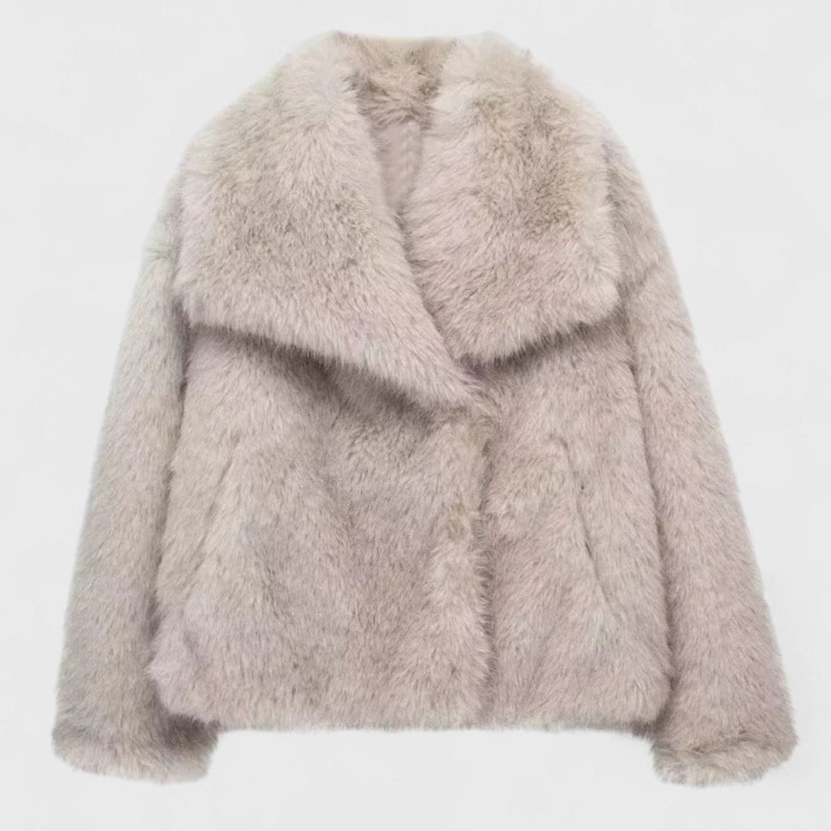 Women's Voluminous-Collar Faux Fur Jacket in a Cropped Cut - Grey