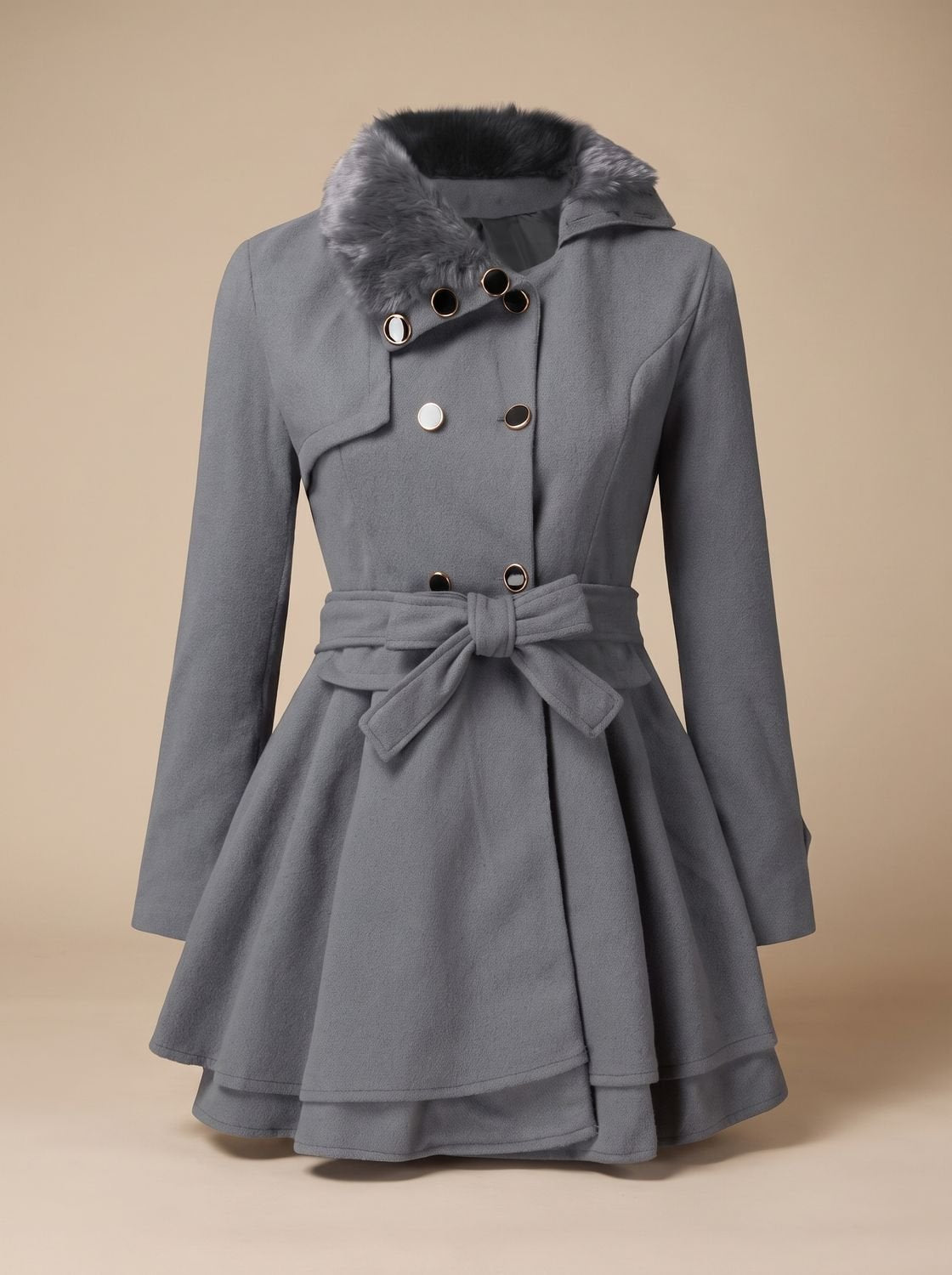 Women's Layered Flared-Hem Sash Coat with Faux Fur Collar - Grey