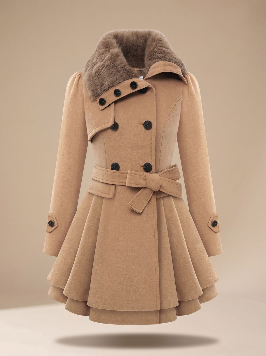 Women's Layered Flared-Hem Sash Coat with Faux Fur Collar - Beige