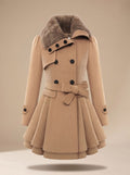 Women's Layered Flared-Hem Sash Coat with Faux Fur Collar - Beige