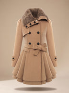 Women's Layered Flared-Hem Sash Coat with Faux Fur Collar - Beige