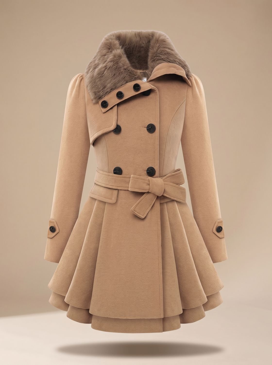 Women's Layered Flared-Hem Sash Coat with Faux Fur Collar - Beige