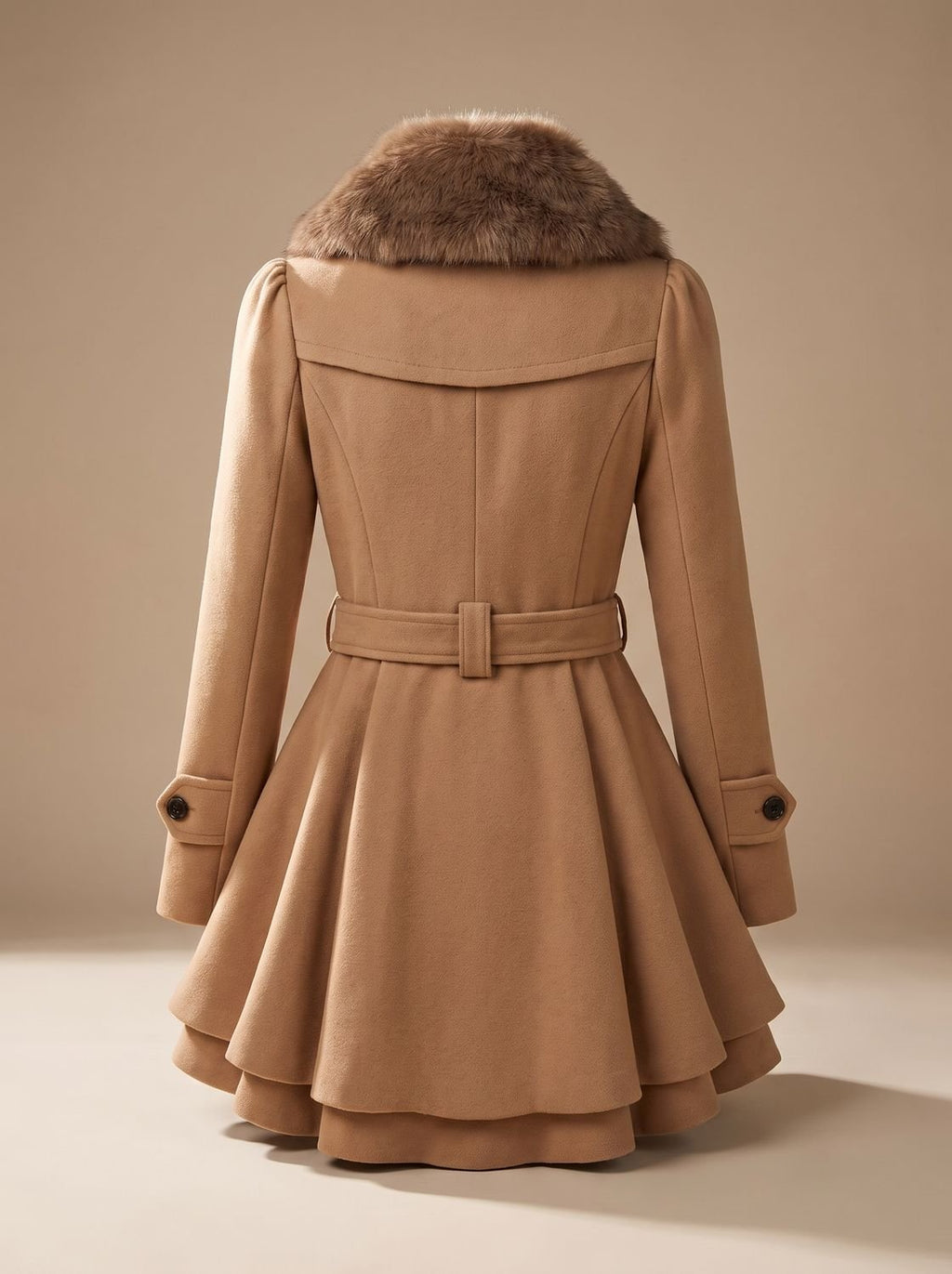 Women's Layered Flared-Hem Sash Coat with Faux Fur Collar