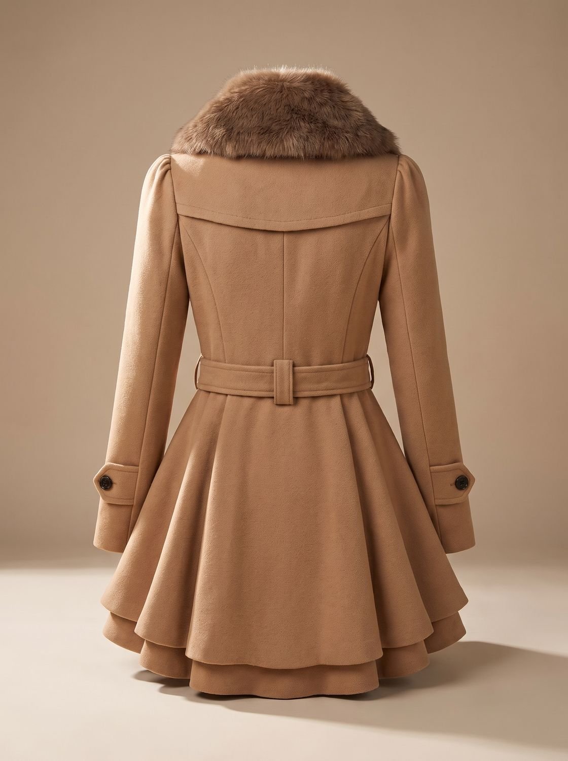 Women's Layered Flared-Hem Sash Coat with Faux Fur Collar