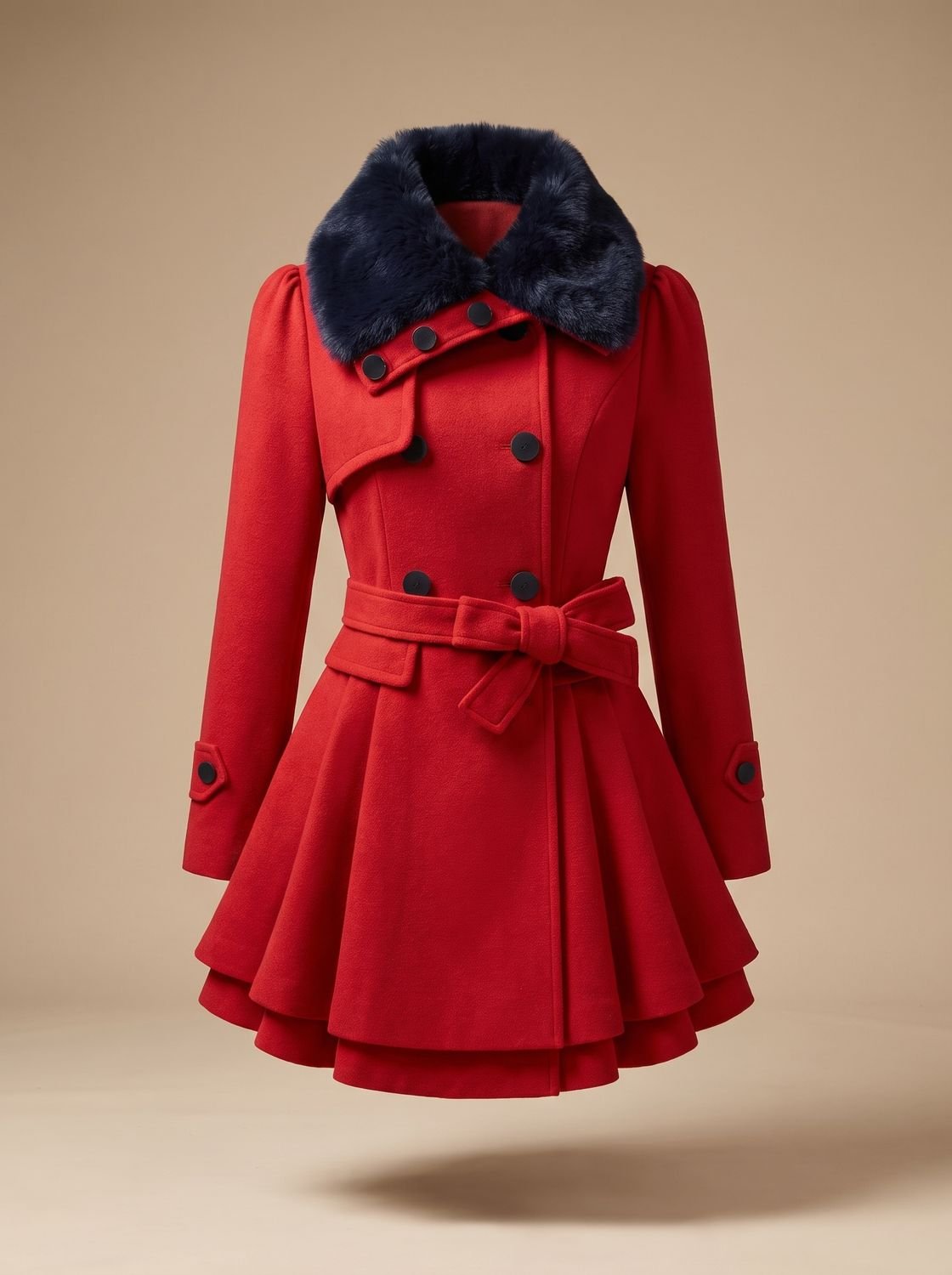 Women's Layered Flared-Hem Sash Coat with Faux Fur Collar - Red