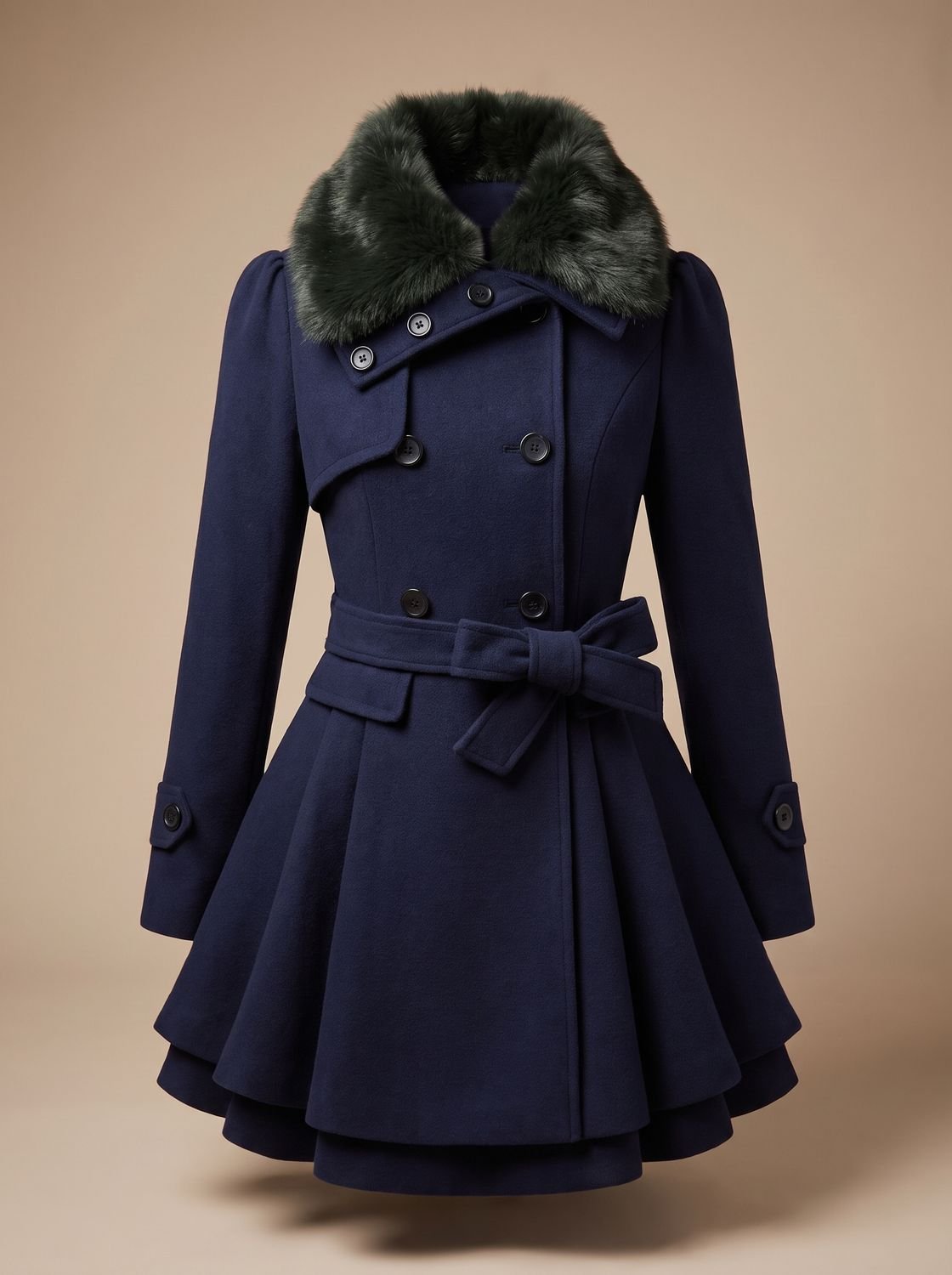 Women's Layered Flared-Hem Sash Coat with Faux Fur Collar - Dark Blue