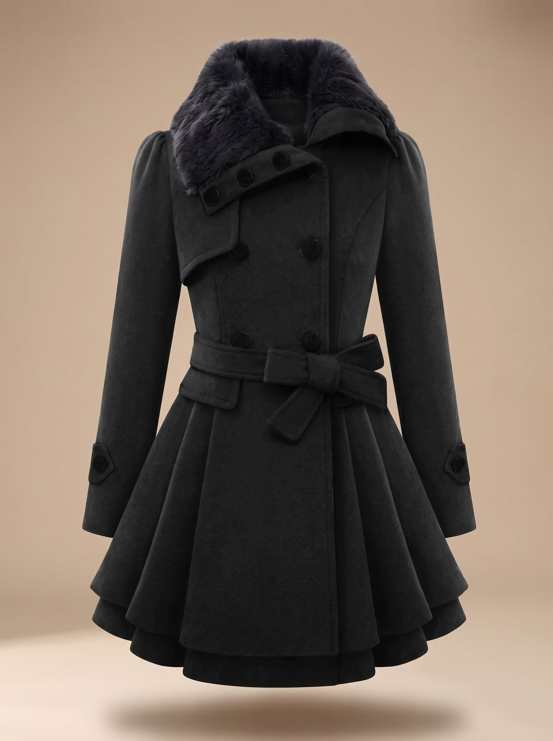 Women's Layered Flared-Hem Sash Coat with Faux Fur Collar - Black