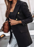 Women's Embossed-Button Slim Blazer with Flap Pockets - Black