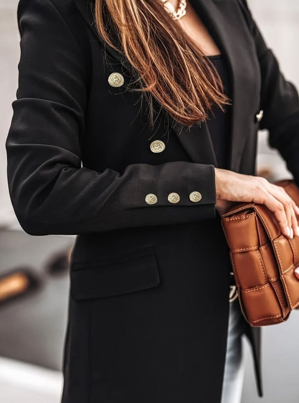 Women's Embossed-Button Slim Blazer with Flap Pockets