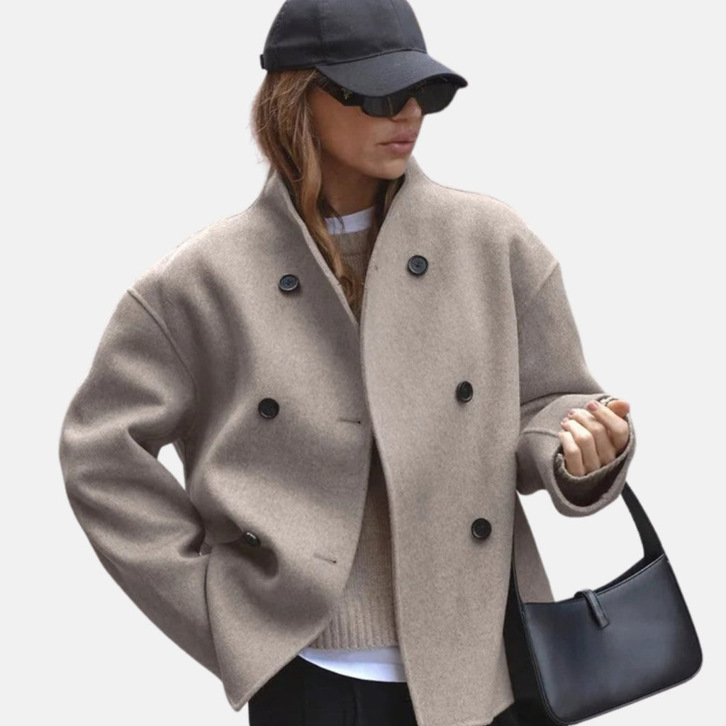 Women's Hip-Length V-Neck Smart Coat with Twin Button Rows - Brown