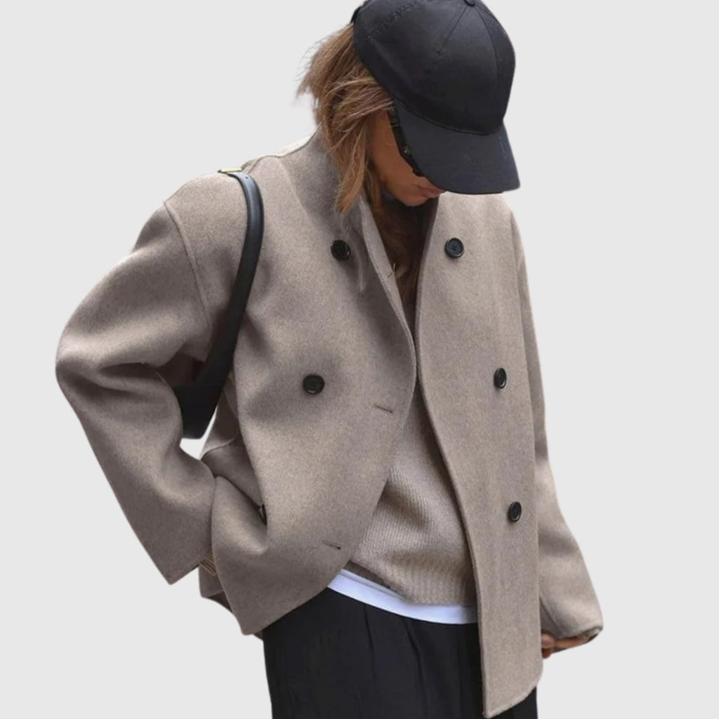Women's Hip-Length V-Neck Smart Coat with Twin Button Rows