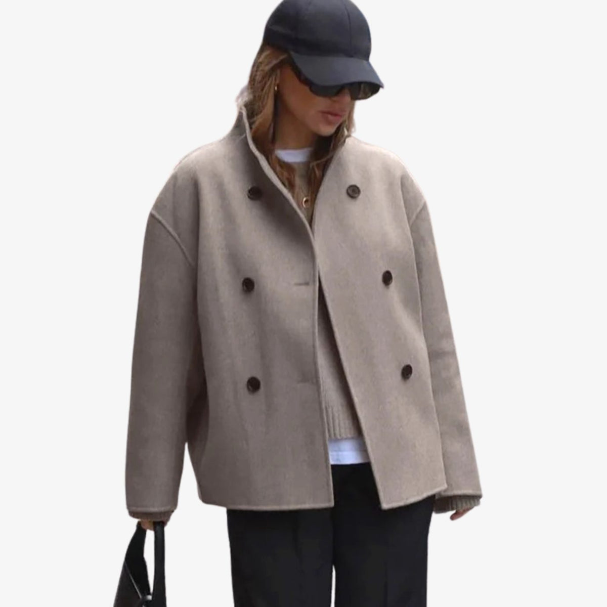 Women's Hip-Length V-Neck Smart Coat with Twin Button Rows