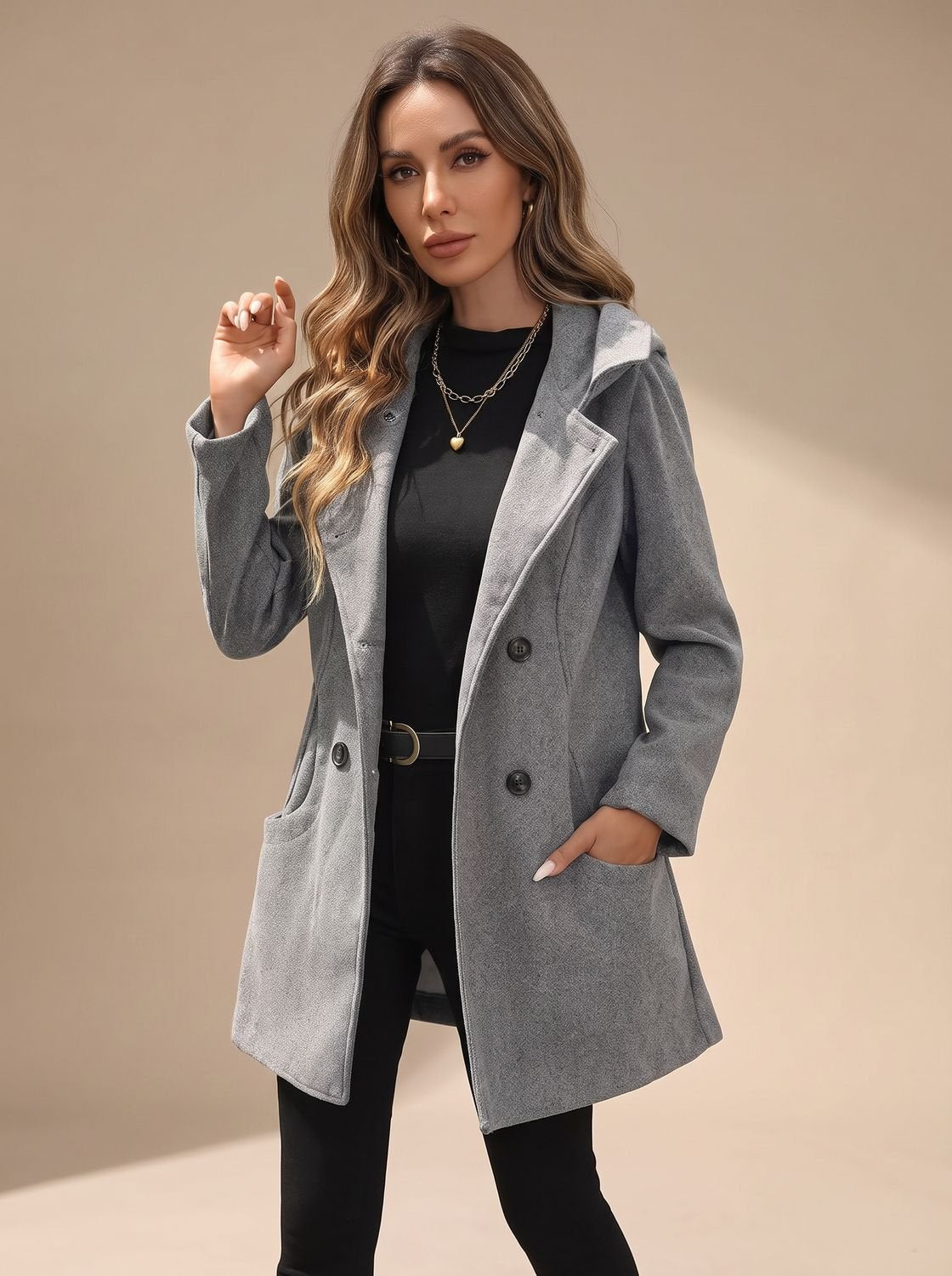 Women's Hip-Length Wool-Blend Coat with Statement Buttons