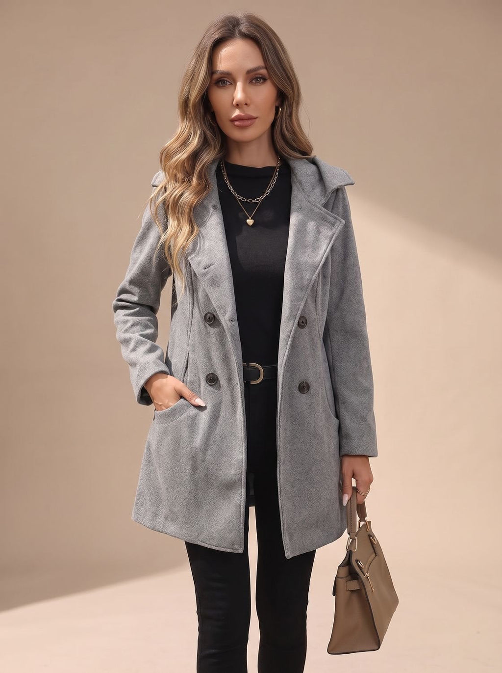 Women's Hip-Length Wool-Blend Coat with Statement Buttons