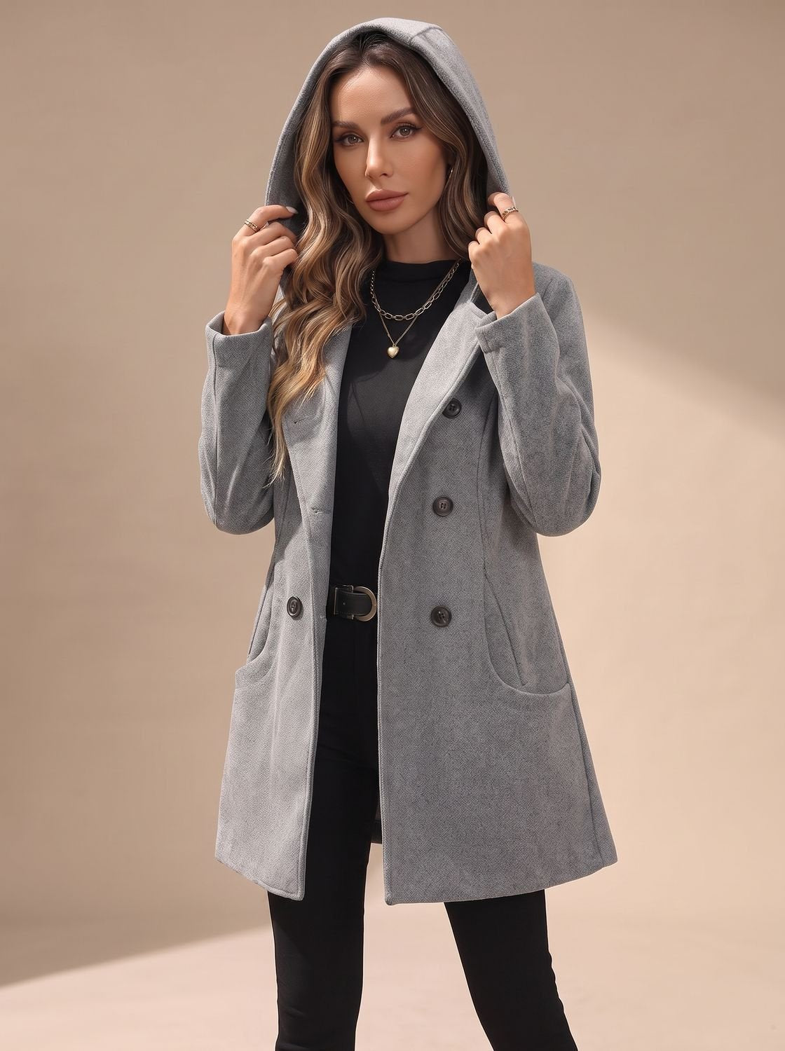 Women's Hip-Length Wool-Blend Coat with Statement Buttons