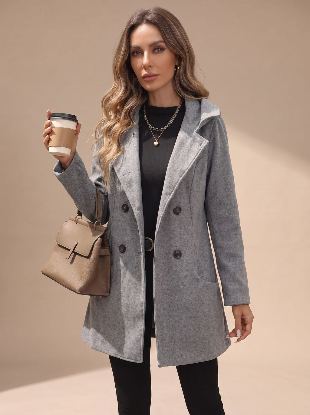 Women's Hip-Length Wool-Blend Coat with Statement Buttons