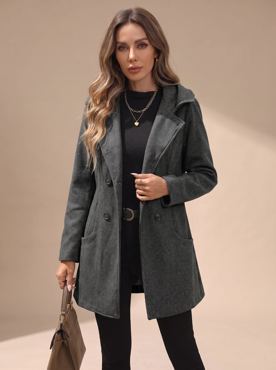 Women's Hip-Length Wool-Blend Coat with Statement Buttons - Dark Grey