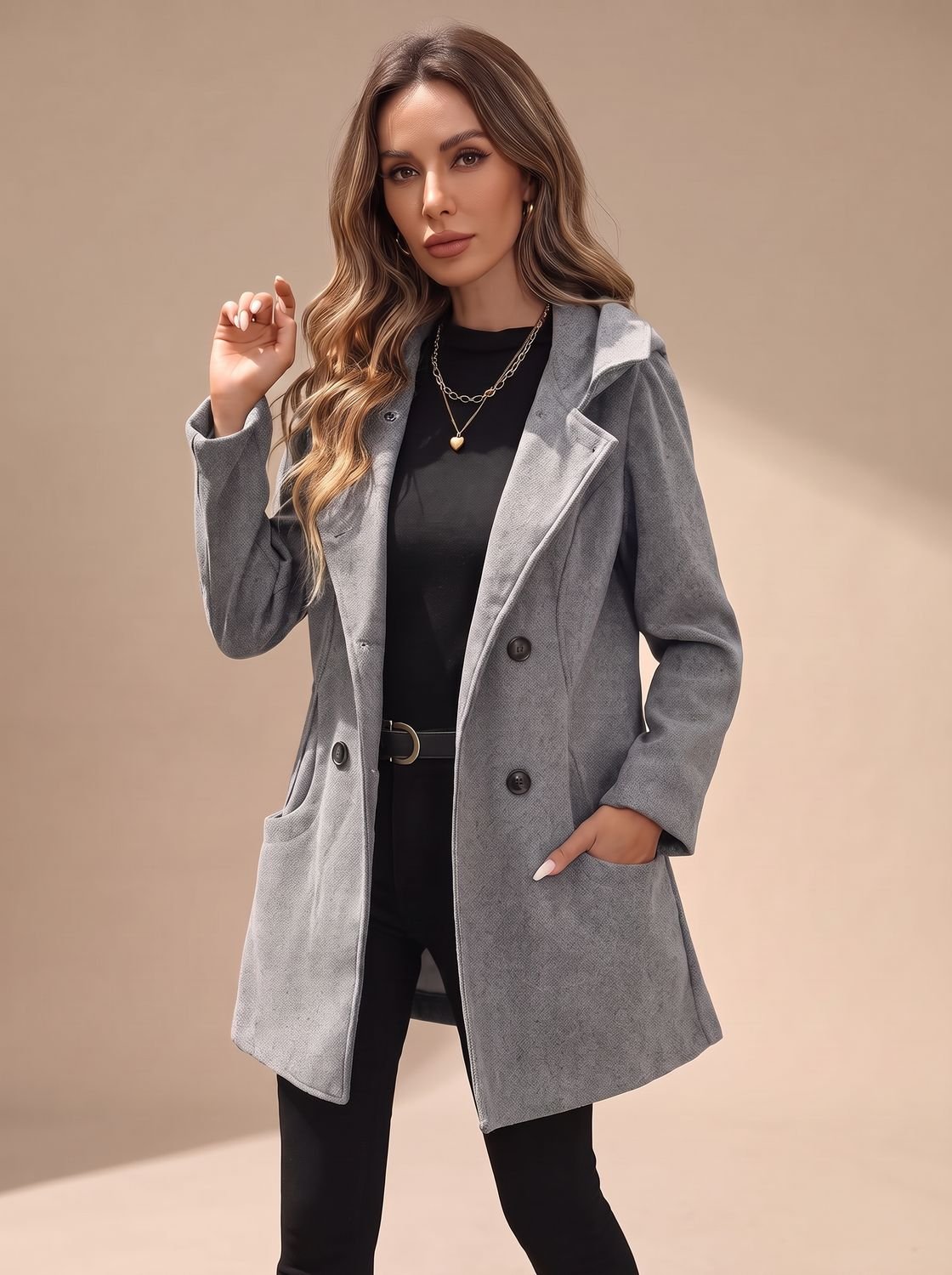 Women's Hip-Length Wool-Blend Coat with Statement Buttons - Grey