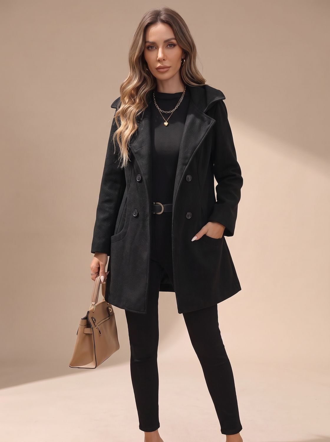 Women's Hip-Length Wool-Blend Coat with Statement Buttons - Black