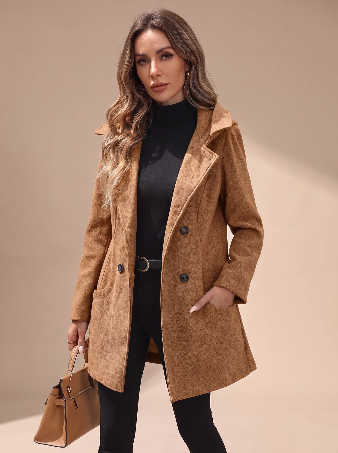 Women's Hip-Length Wool-Blend Coat with Statement Buttons - Caramel