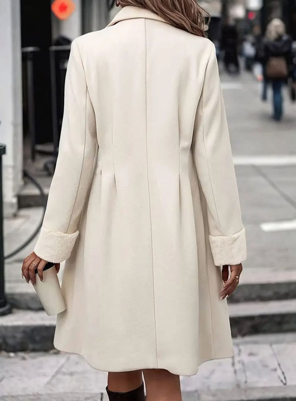 Women's Nipped-Waist Notch-Collar Coat with Boucle-Style Cuffs