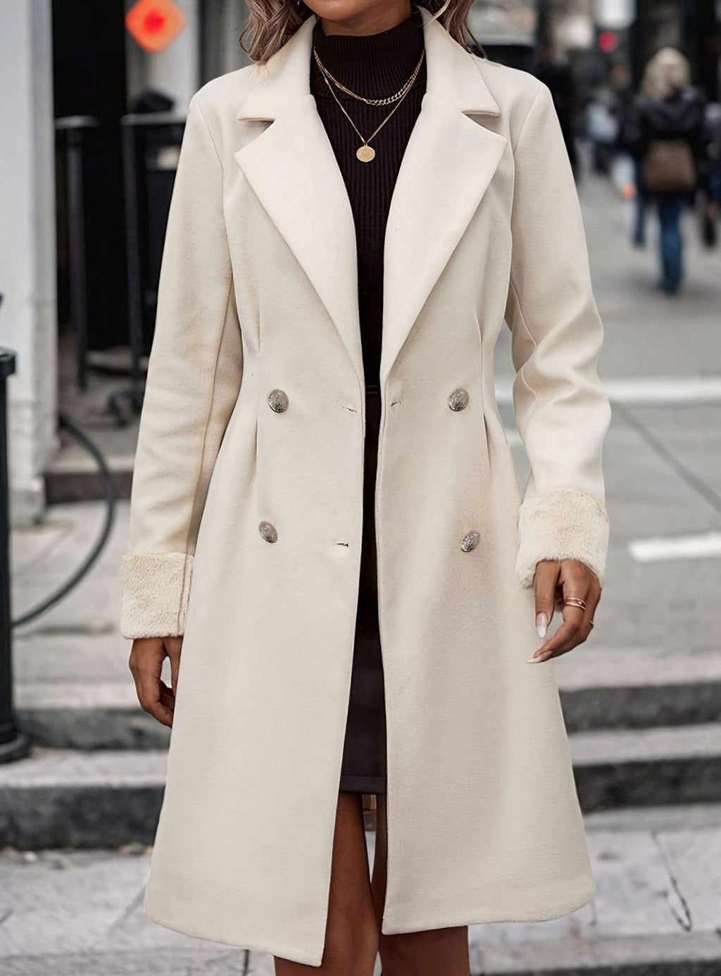 Women's Nipped-Waist Notch-Collar Coat with Boucle-Style Cuffs