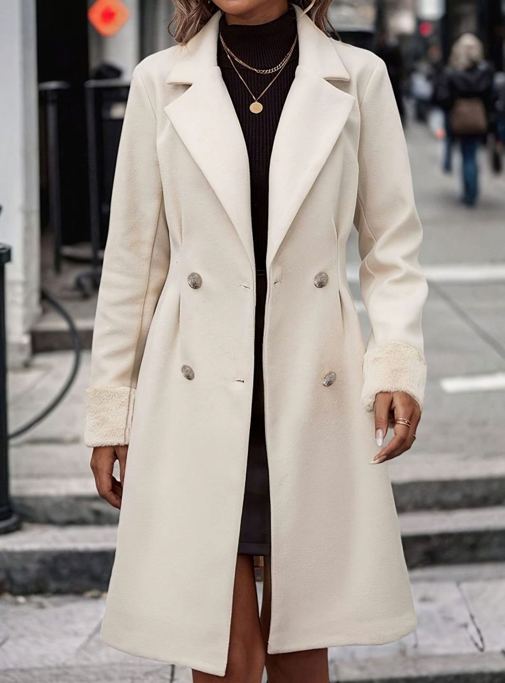 Women's Nipped-Waist Notch-Collar Coat with Boucle-Style Cuffs