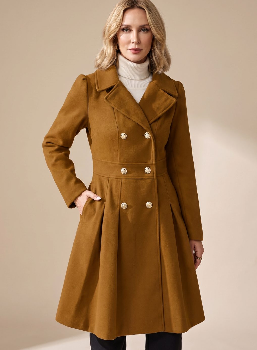 Women's Nipped-Waist Pleated Skirt Coat with Military Buttons
