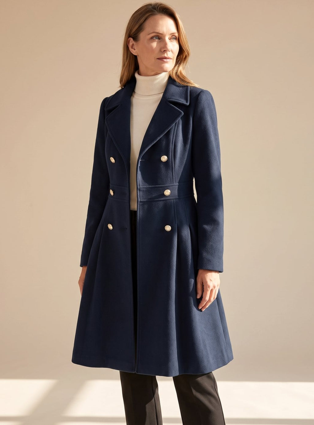 Women's Nipped-Waist Pleated Skirt Coat with Military Buttons
