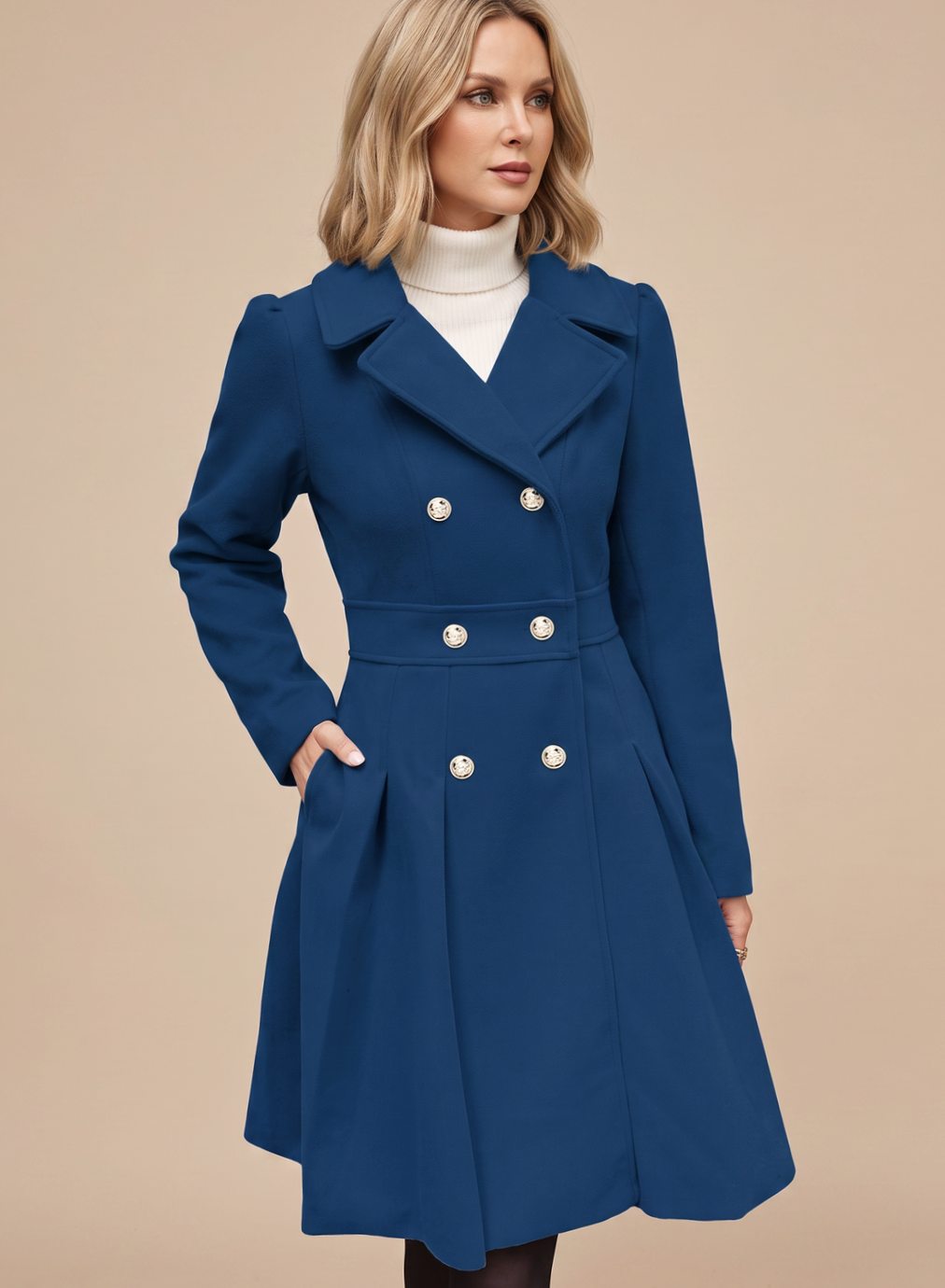 Women's Nipped-Waist Pleated Skirt Coat with Military Buttons