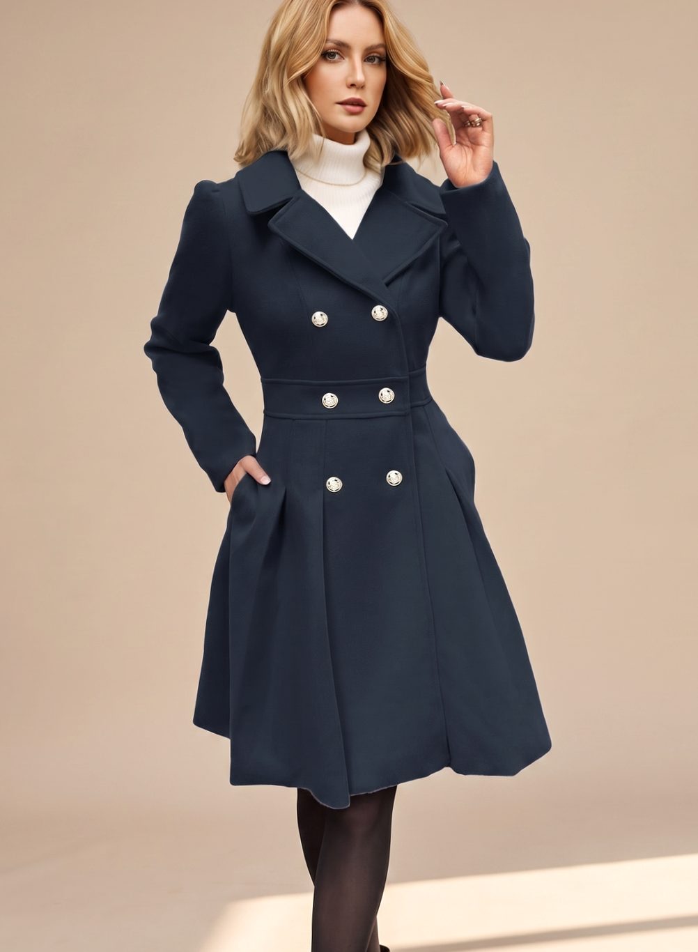 Women's Nipped-Waist Pleated Skirt Coat with Military Buttons - Black