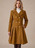 Women's Nipped-Waist Pleated Skirt Coat with Military Buttons - Camel