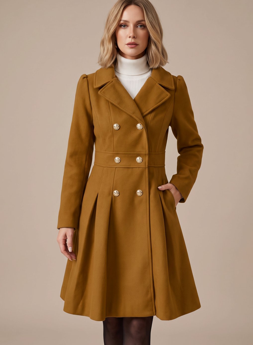 Women's Nipped-Waist Pleated Skirt Coat with Military Buttons - Camel