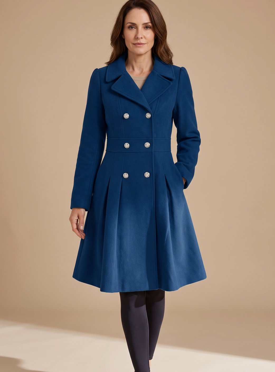 Women's Nipped-Waist Pleated Skirt Coat with Military Buttons - Dark Navy