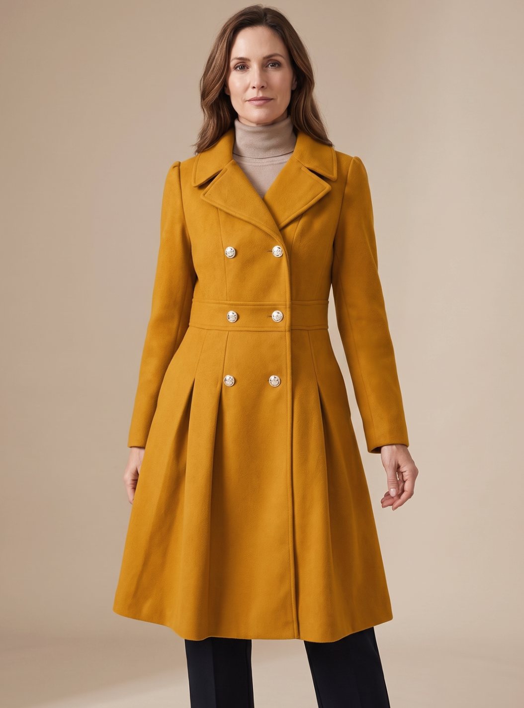 Women's Nipped-Waist Pleated Skirt Coat with Military Buttons - Yellow