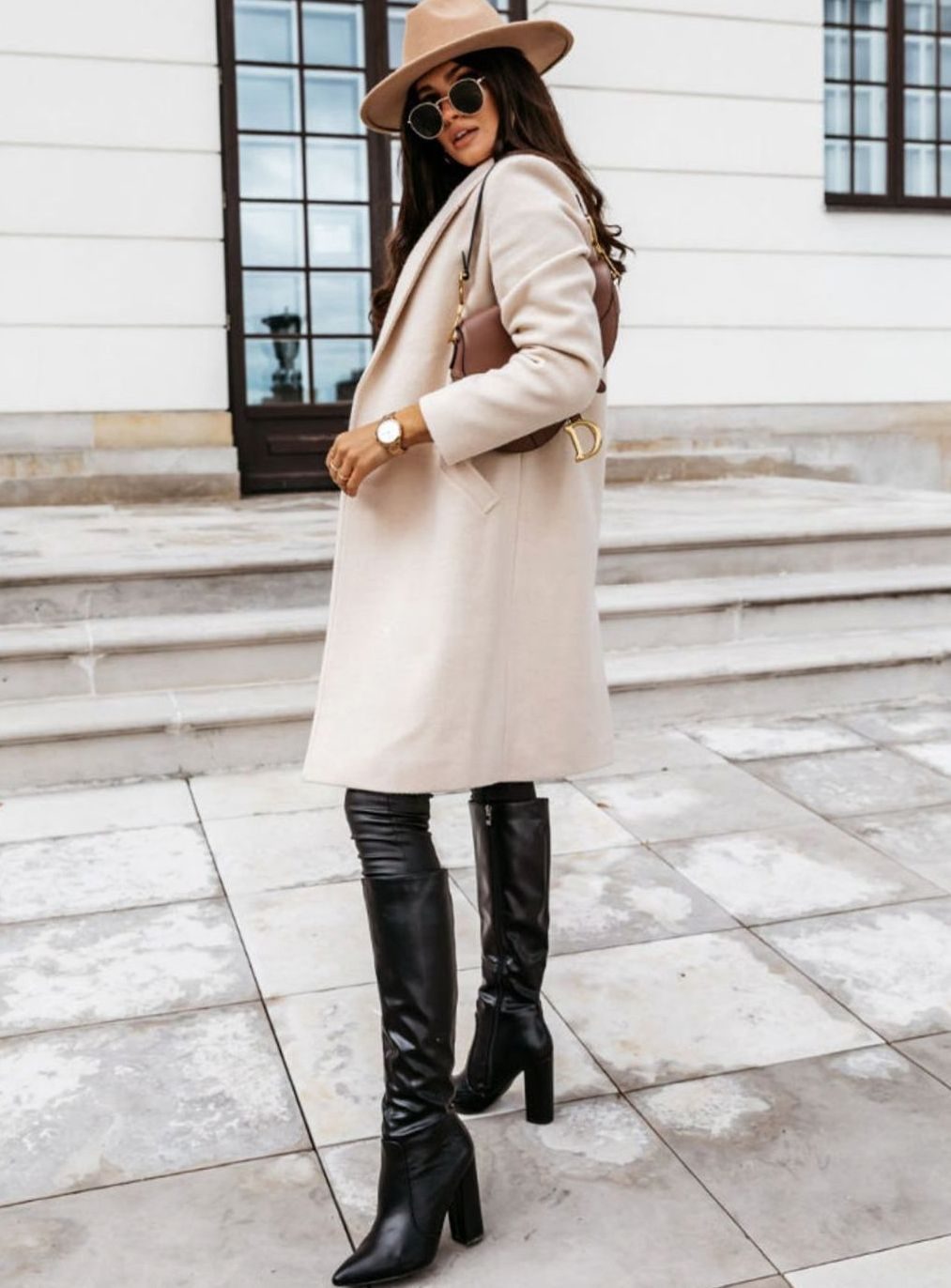 Women's Neat Tailored Knee-Length Coat for Office and Weekends - Beige