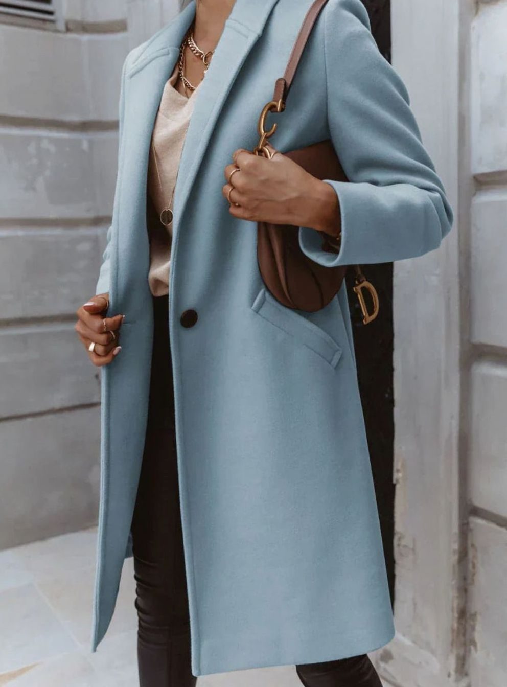 Women's Neat Tailored Knee-Length Coat for Office and Weekends - Sky Blue