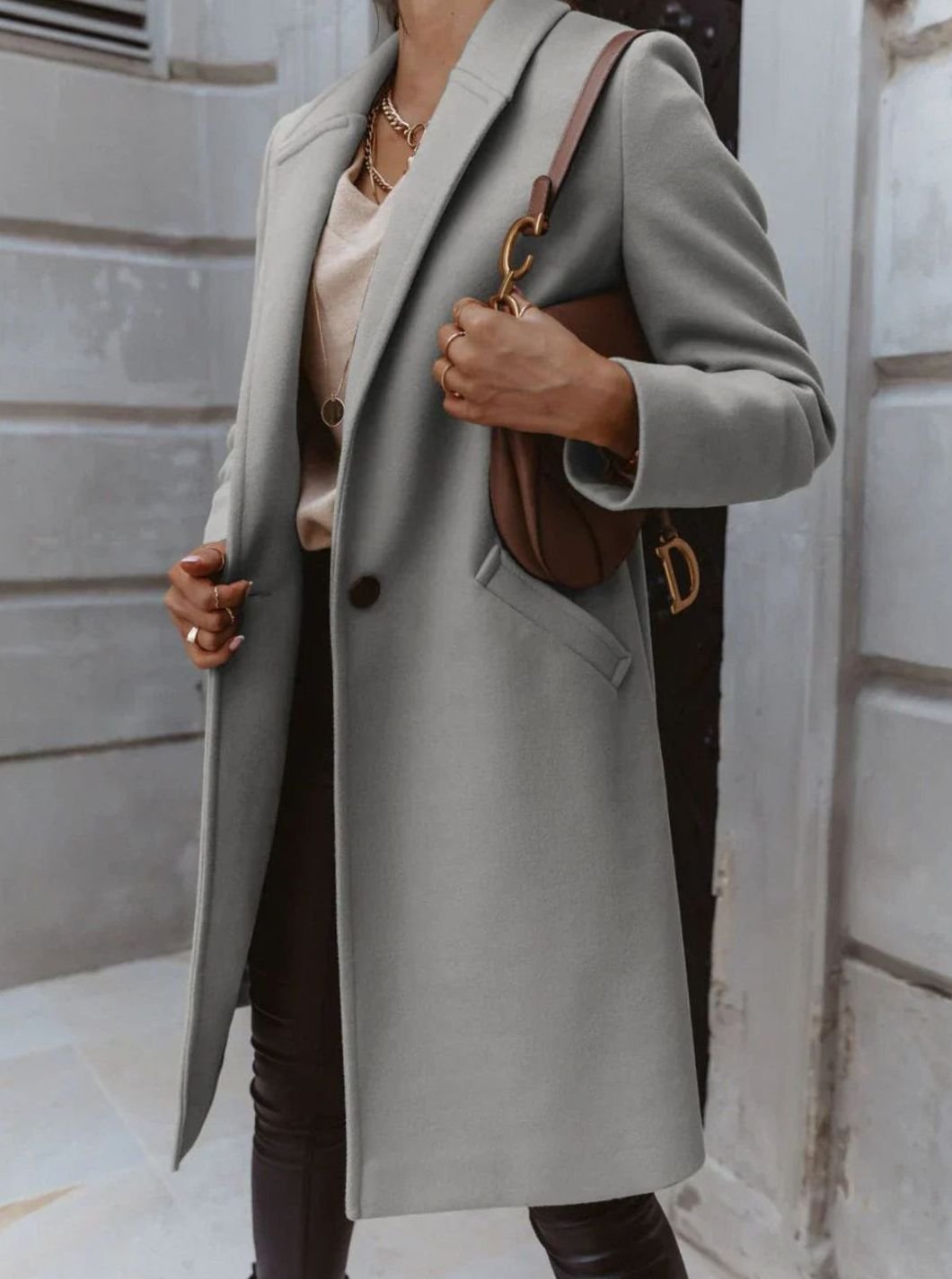 Women's Neat Tailored Knee-Length Coat for Office and Weekends - Grey