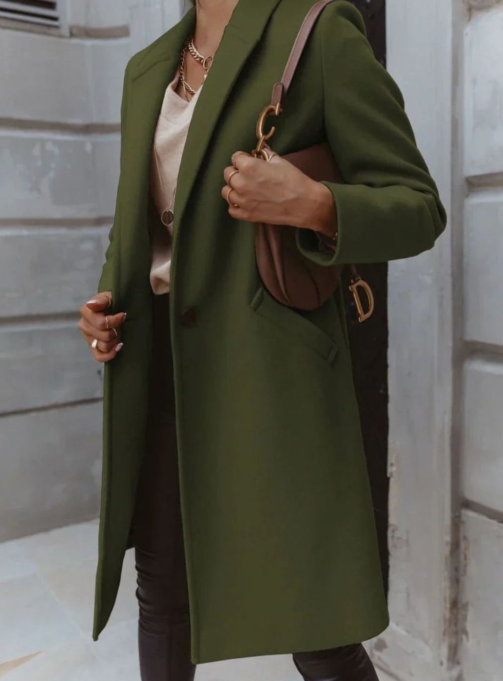 Women's Neat Tailored Knee-Length Coat for Office and Weekends - Green