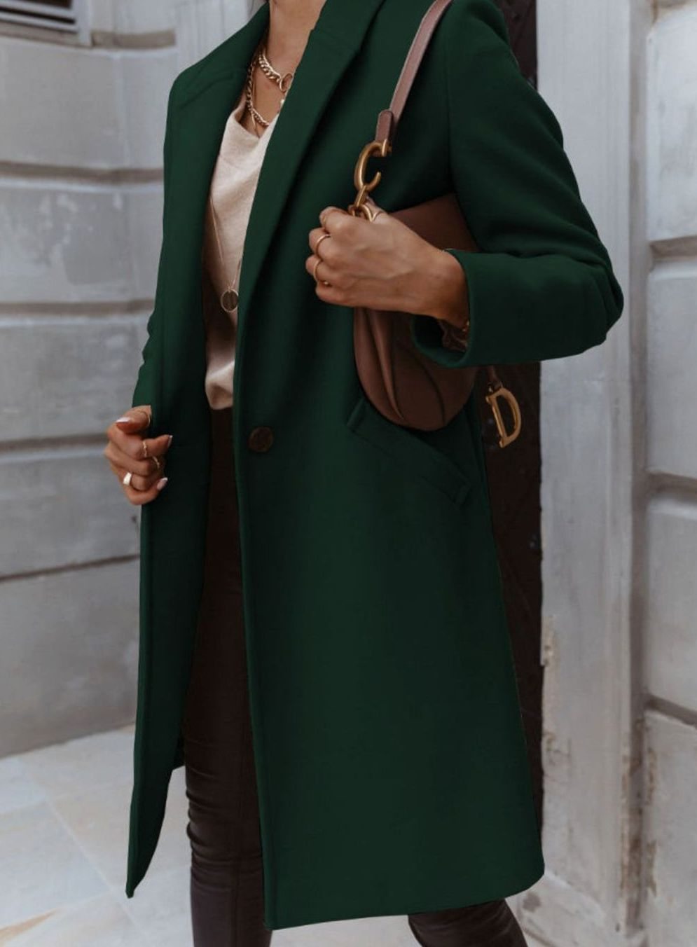 Women's Neat Tailored Knee-Length Coat for Office and Weekends - Army Green
