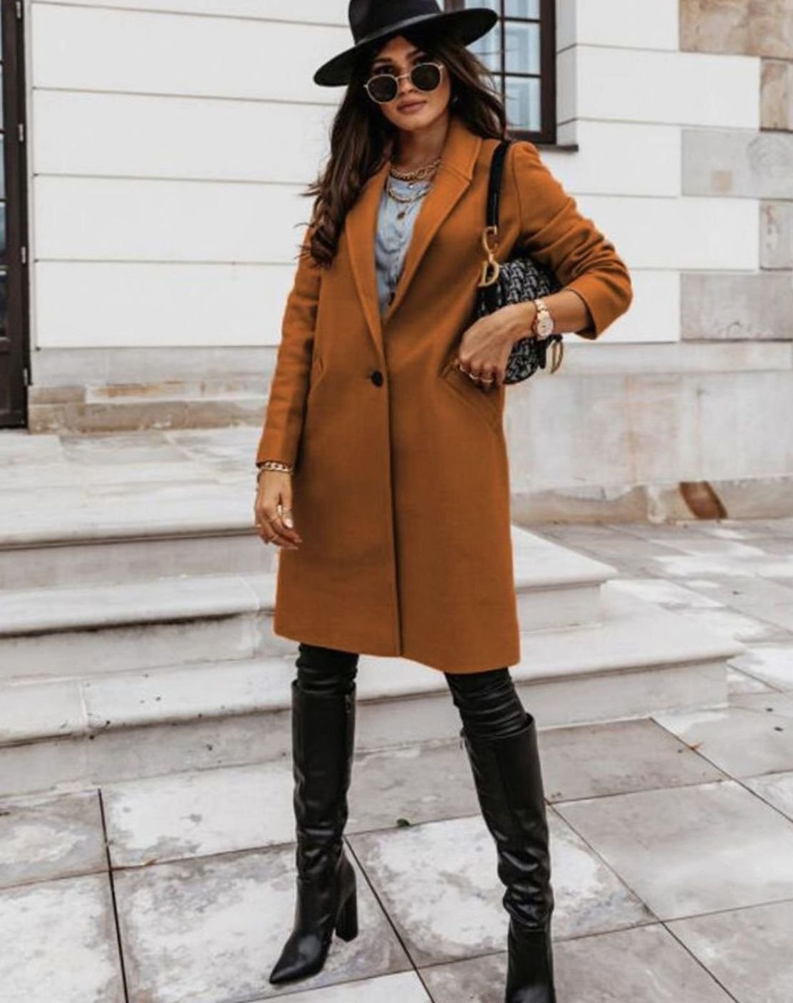 Women's Neat Tailored Knee-Length Coat for Office and Weekends - Brown