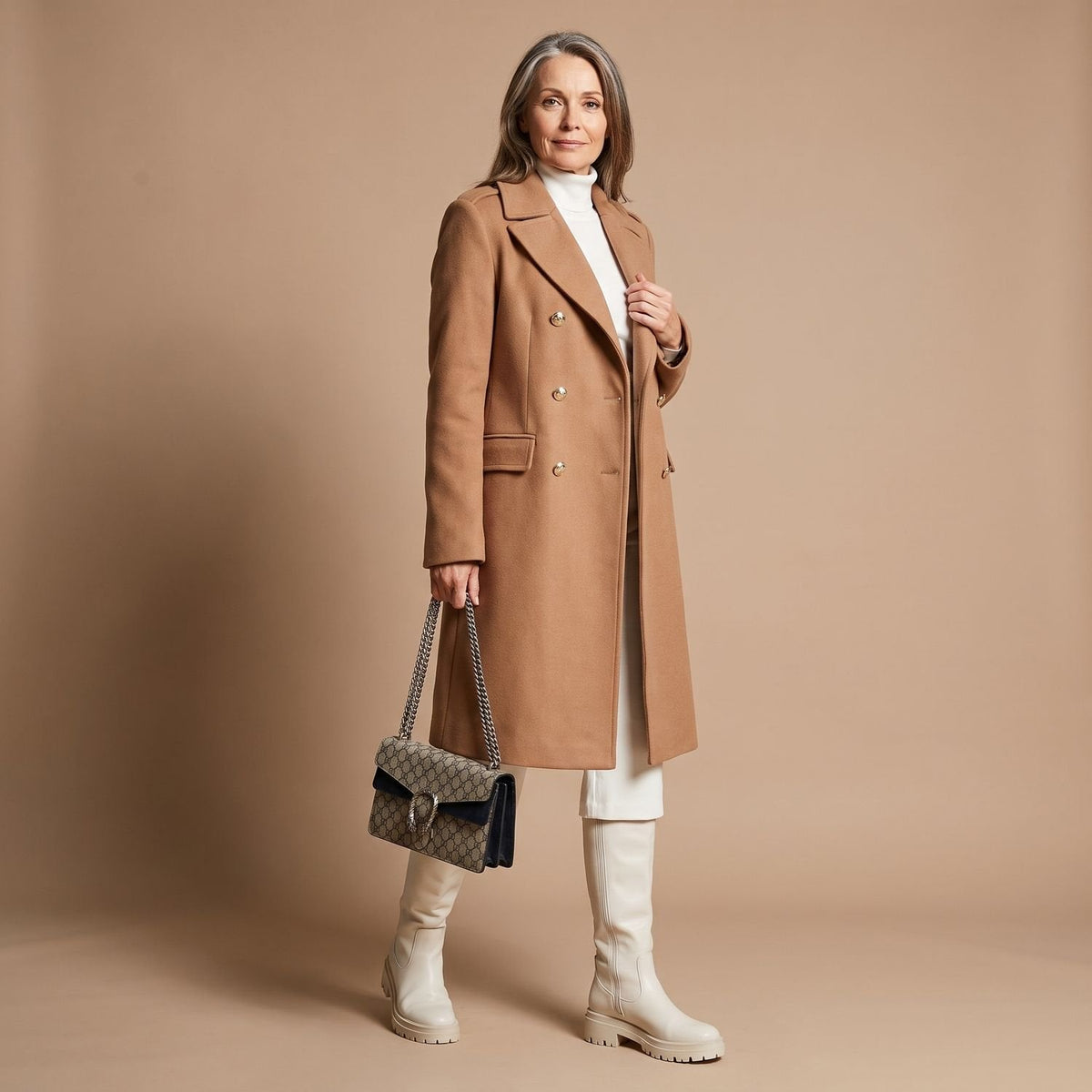 Women's Nipped-Waist Wool-Blend Coat with Double-Breasted Front