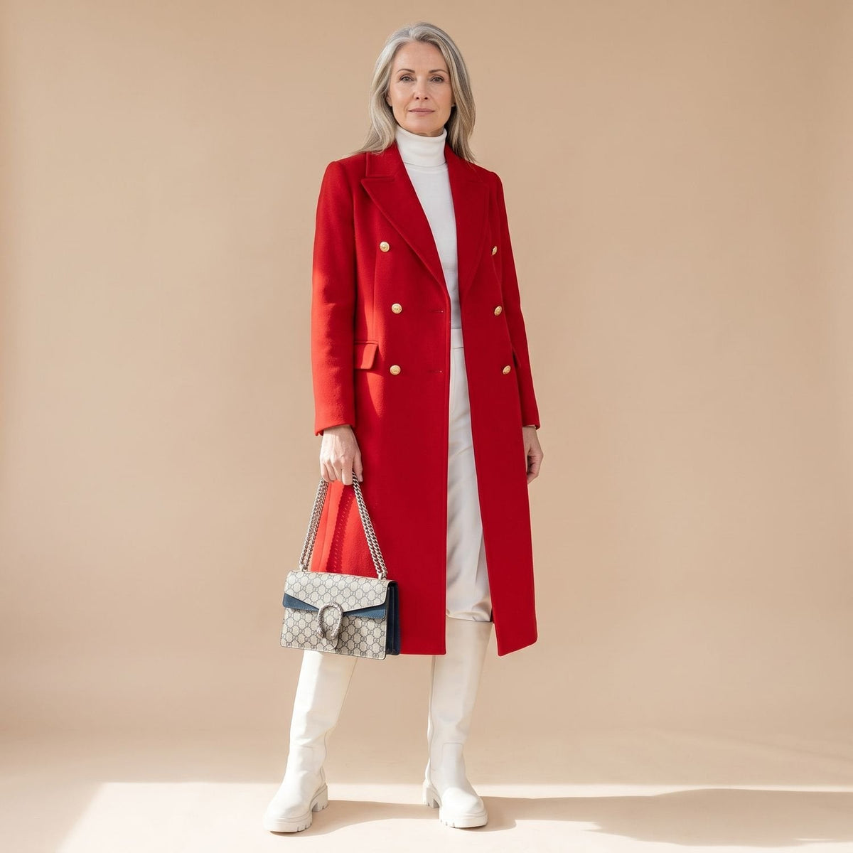 Women's Nipped-Waist Wool-Blend Coat with Double-Breasted Front
