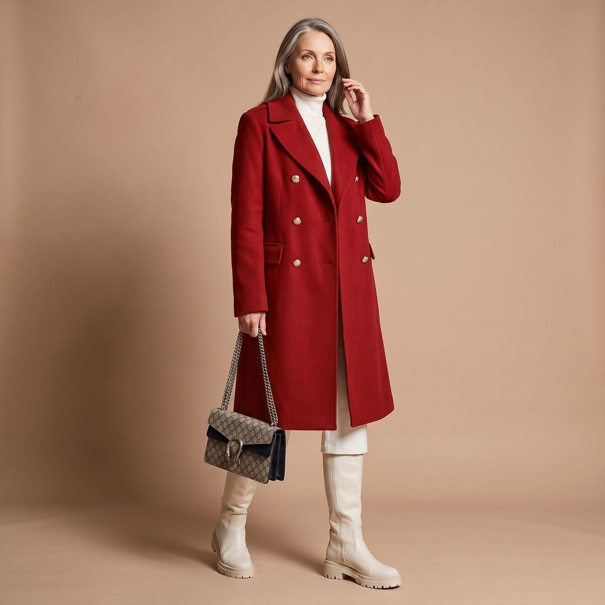 Women's Nipped-Waist Wool-Blend Coat with Double-Breasted Front - Red