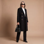 Women's Nipped-Waist Wool-Blend Coat with Double-Breasted Front - Black