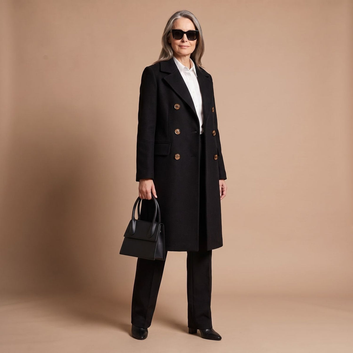 Women's Nipped-Waist Wool-Blend Coat with Double-Breasted Front - Black
